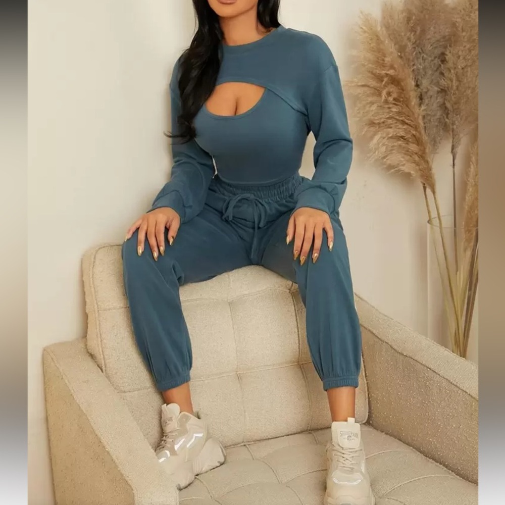 Women's Blue 3 Piece Set Tank Top, Pullover Top & Sweatpants